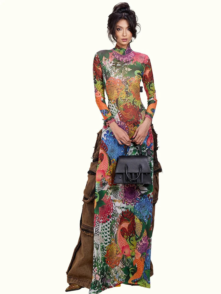 Patchwork Floral Long-Sleeve Top O-Neck — Multicolor | KIMLUD