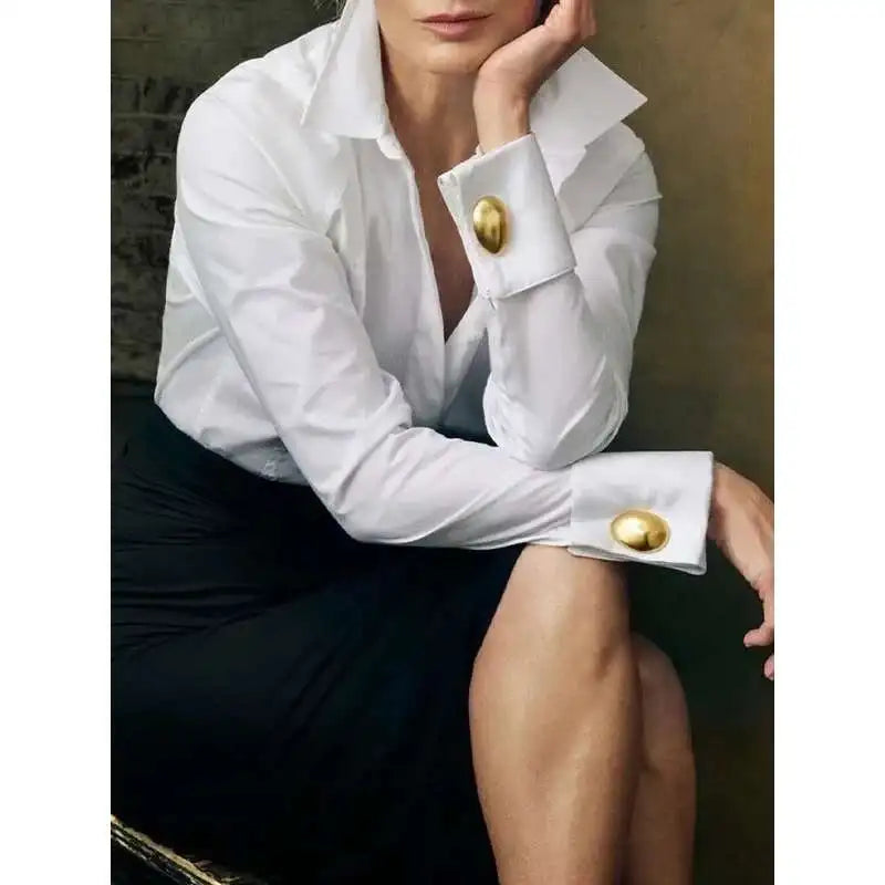 2025 Women's Shirts Office Lady Long Sleeves Solid Color Gold Button Spring Summer Classic Shirt Blouse Woman Clothing
