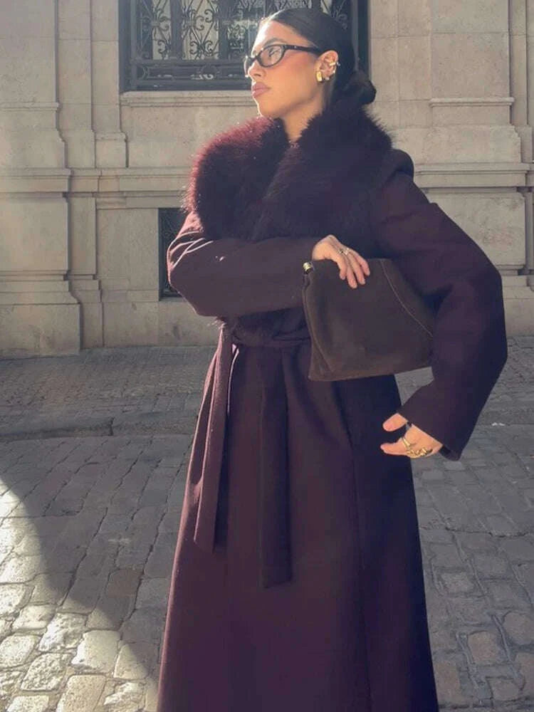 Solid Women Fur Collar Woolen Overcoat Stylish Patchwork Lace Up Long Sleeve V-neck Loose Coats 2026 High Street Warm Outerwear