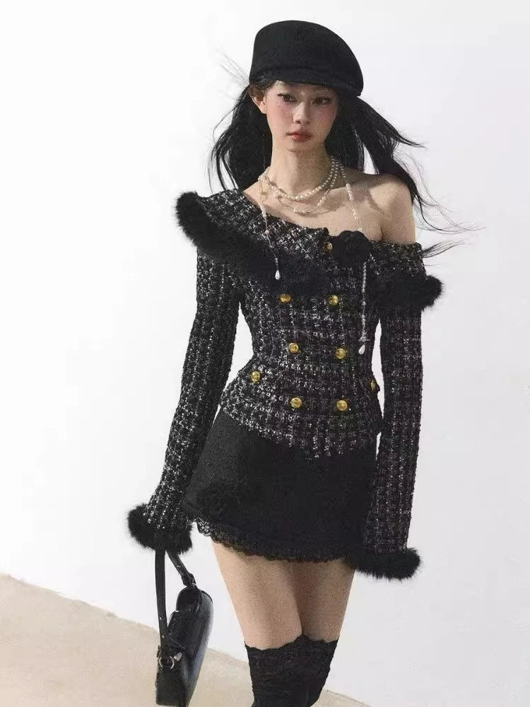 KIMLUD, New Winter Elegant Fashion 2 Piece Set Women Off Shoulder Long Sleeve Cardigan Coat +Mini Skirt French Casual Chic Retro Outfits, KIMLUD Womens Clothes