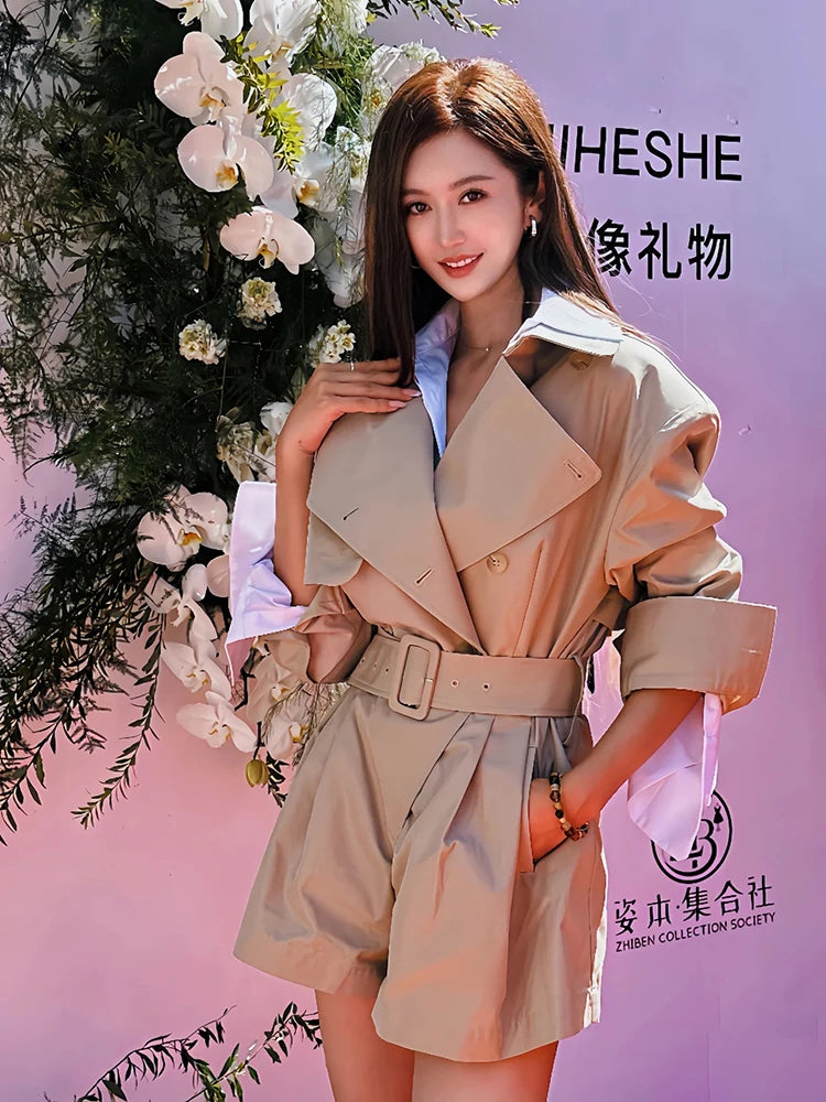 DEAT Fashion Khaki Jumpsuit Women's Lapel Double-Breasted Sashes Trench Coat Loose Rompers Autumn New 7A1521