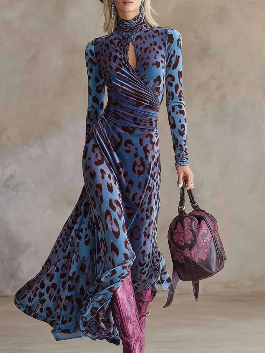 blue leopard print maxi dress Blue Leopard Print Chiffon Maxi Dress