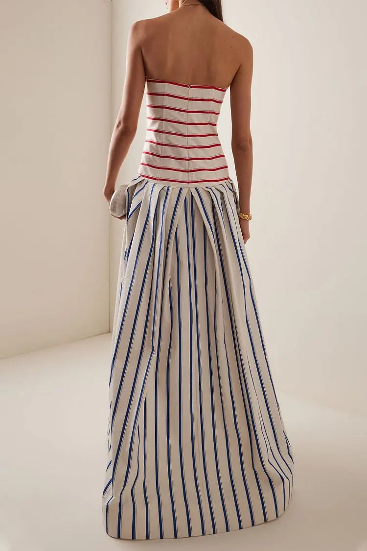 Bandeau Maxi Dress Striped Print Sundress — White | KIMLUD