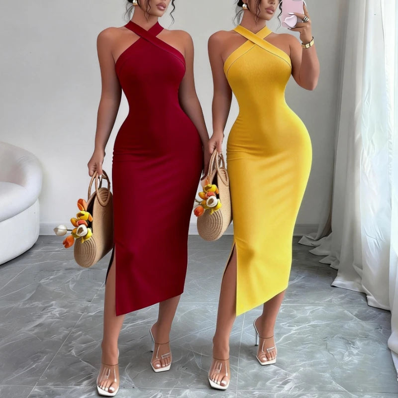 Knit Bodycon Midi Dress Halter Neck Side Slit — Burgundy | KIMLUD