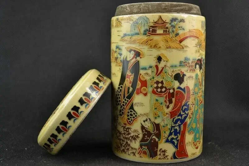 KIMLUD, Exquisite Chinese Old Collectible Handmade Porcelain Painted with Japanese Dowager Big Pot Tea Caddie, KIMLUD Womens Clothes