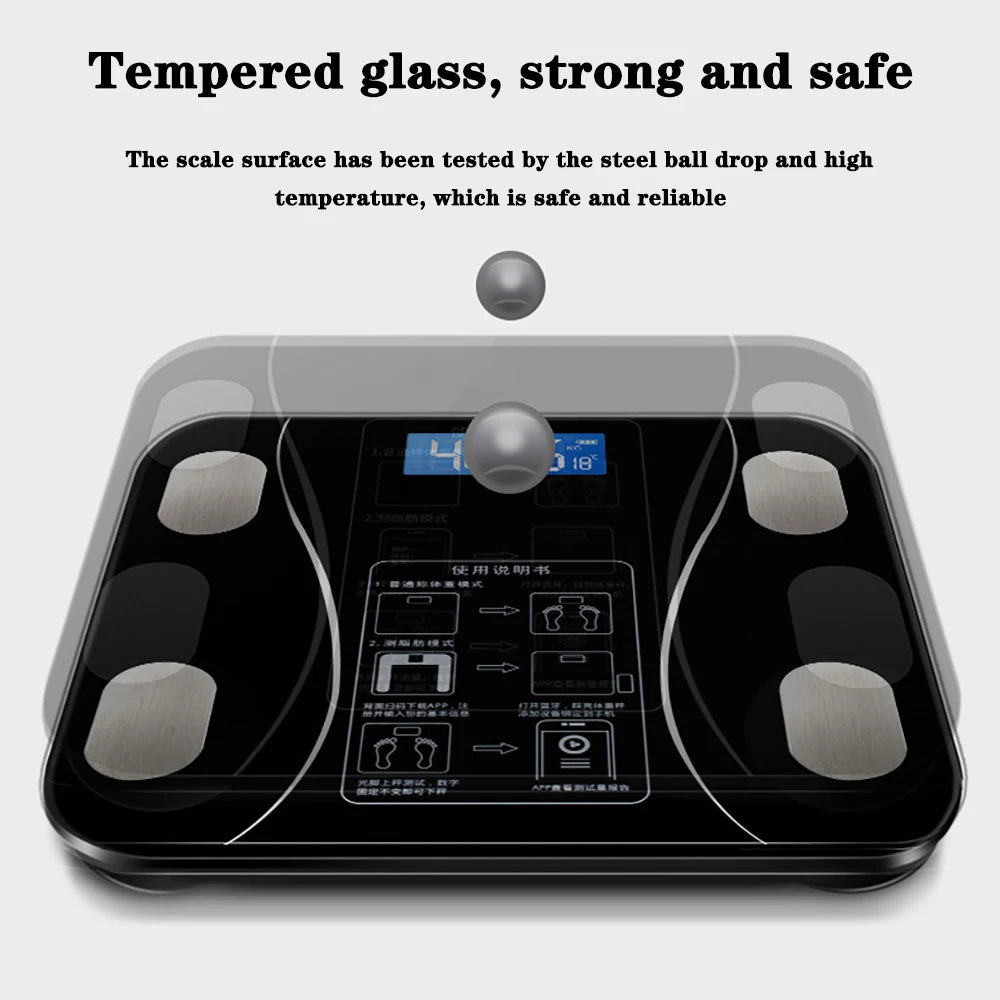 Toughened Glass Body Fat Scale Smart Bluetooth — Obsidian Black | KIMLUD