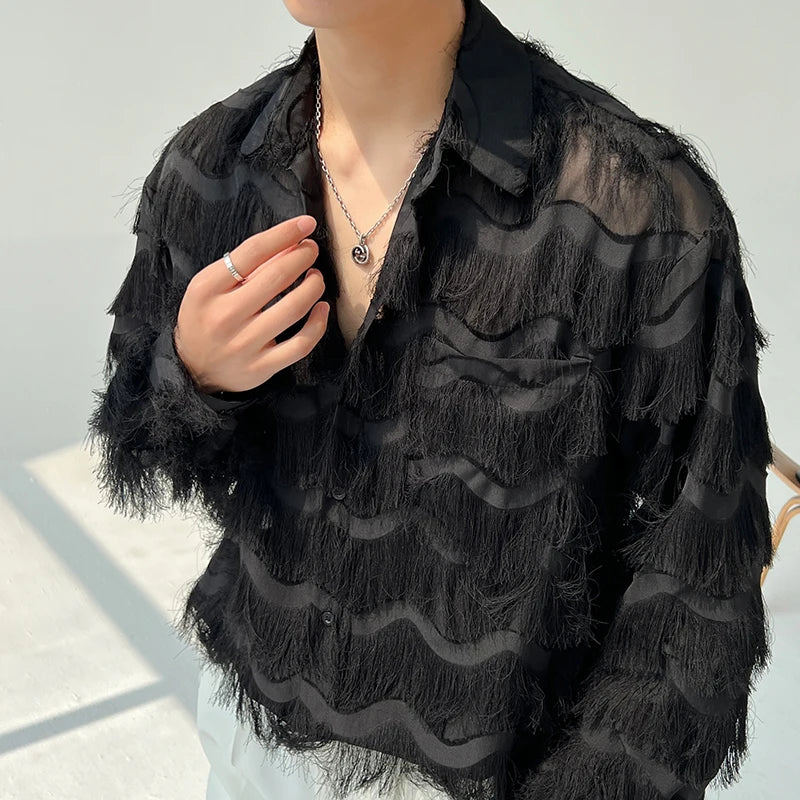 Tasseled Polyester Shirt Long Sleeve Fringe Draped — Black/White | KIMLUD