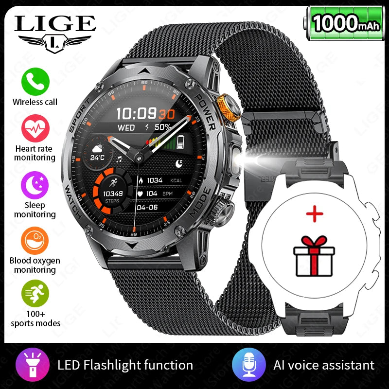 LIGE Smart Watch Man 1000mAh Long Standby Outdoor Smartwatch Men LED Flashlight Waterproof Heart Rate Sport BT Call Smartwatches