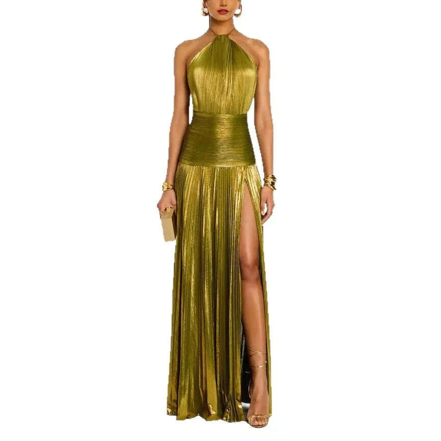 KIMLUD, Gold Halter Neck Evening Dress Woman Chic Solid Color Pleated Backless Package Hip Slit Dress Fashion Trendy Lady Party Vestidos, KIMLUD Womens Clothes