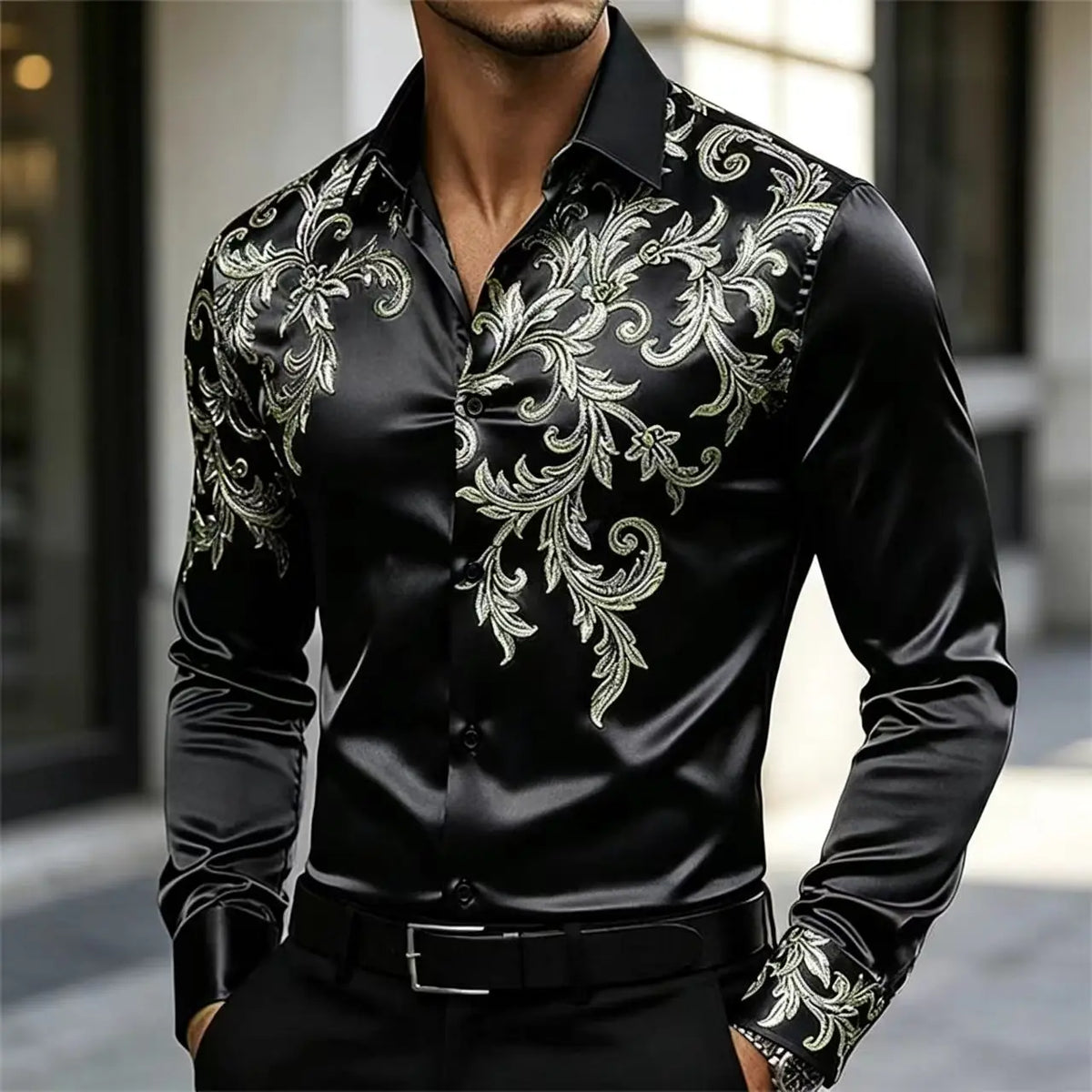 Men's Satin Paisley Print Shirt – Silk Polyester | KIMLUD