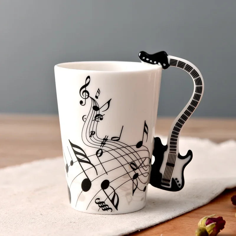 Bone China Mug With Music Note Motif And Delicate Guitar Handle — White | KIMLUD