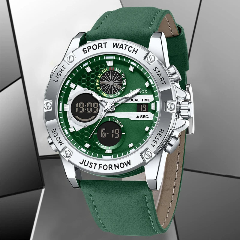 LIGE FOXBOX Fashion Electronic Watches for Men Leather Military Casual Sports Waterproof Dual Digital Display Quartz Chronograph