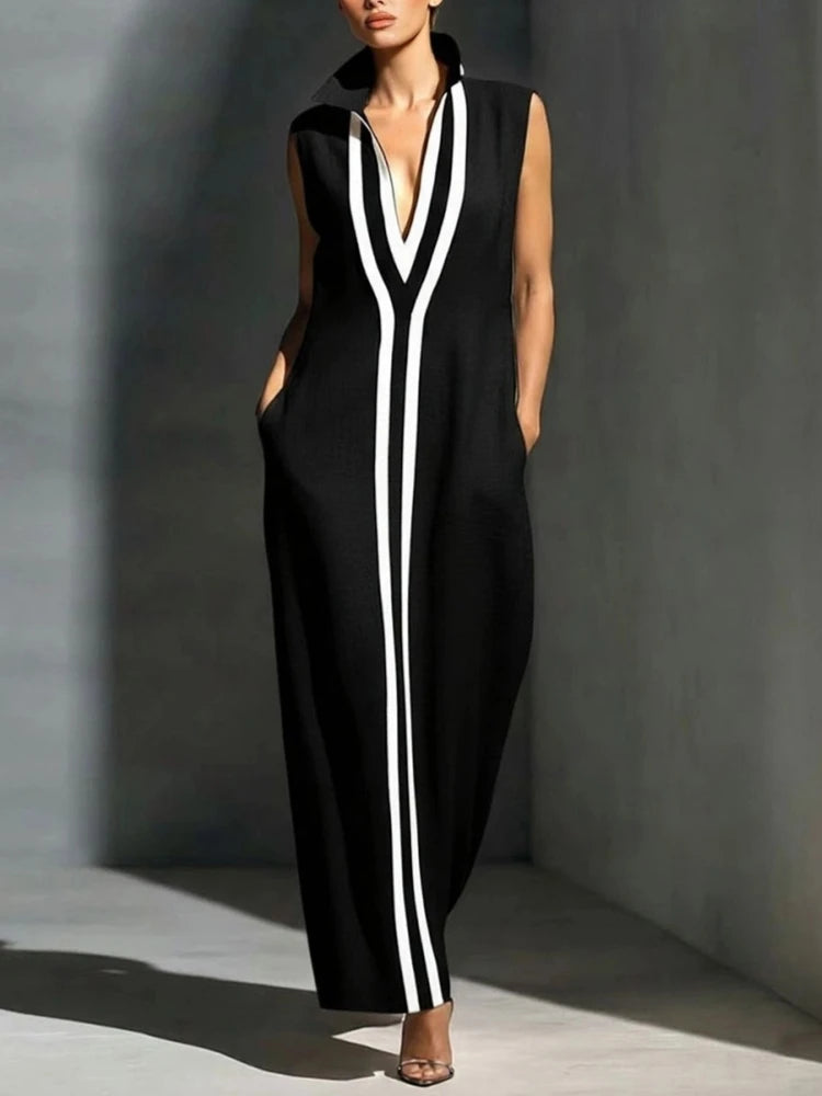Fashion Colourblock Maxi Dress Women Casual Deep V-neck Sleeveless Loose Dresses 2026 Summer Elegant Party Street Vestidos