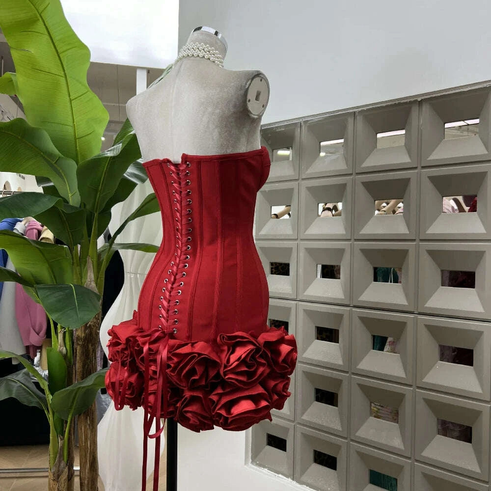 KIMLUD, Sexy Strapless Bodycon Dresses for Women 3D Floral Fashion Party Evening Club Bandage Dress Formal Elegant Slim Birthday Gowns, KIMLUD Womens Clothes