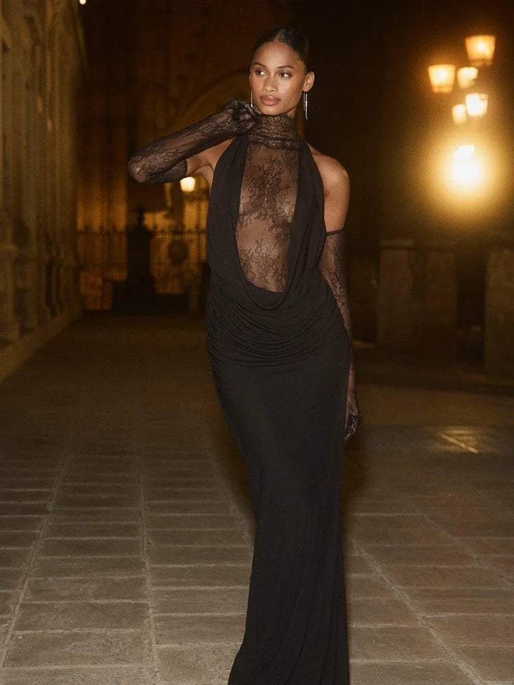 Sexy Sleeveless High Neck Lace Patchwork Long Dress with Gloves Women Black Hollow Out Buttons Evening Club Party Maxi Dresses
