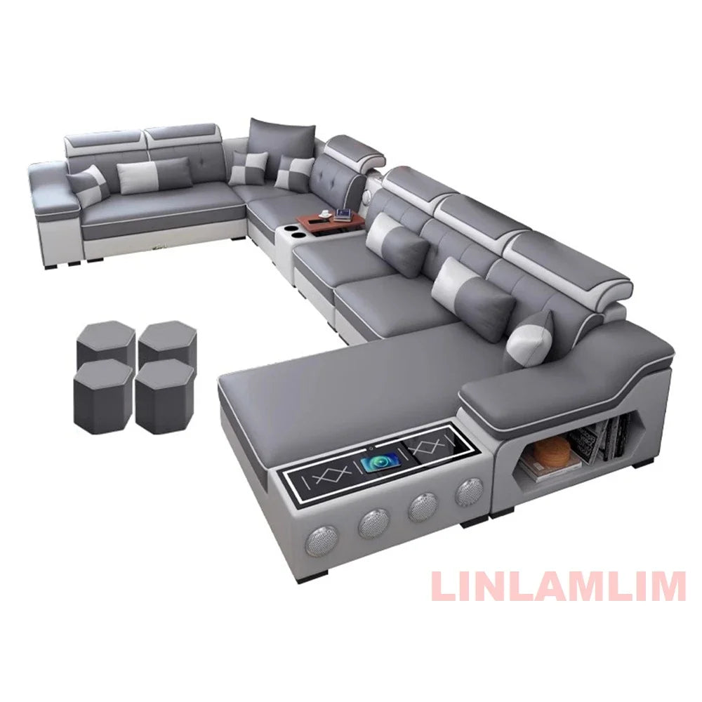 Linlamlim Modern Scientific Fabric Sectional Sofa Set with Chaise Lounge, Bluetooth Speakers, USB Charging Ports for Living Room