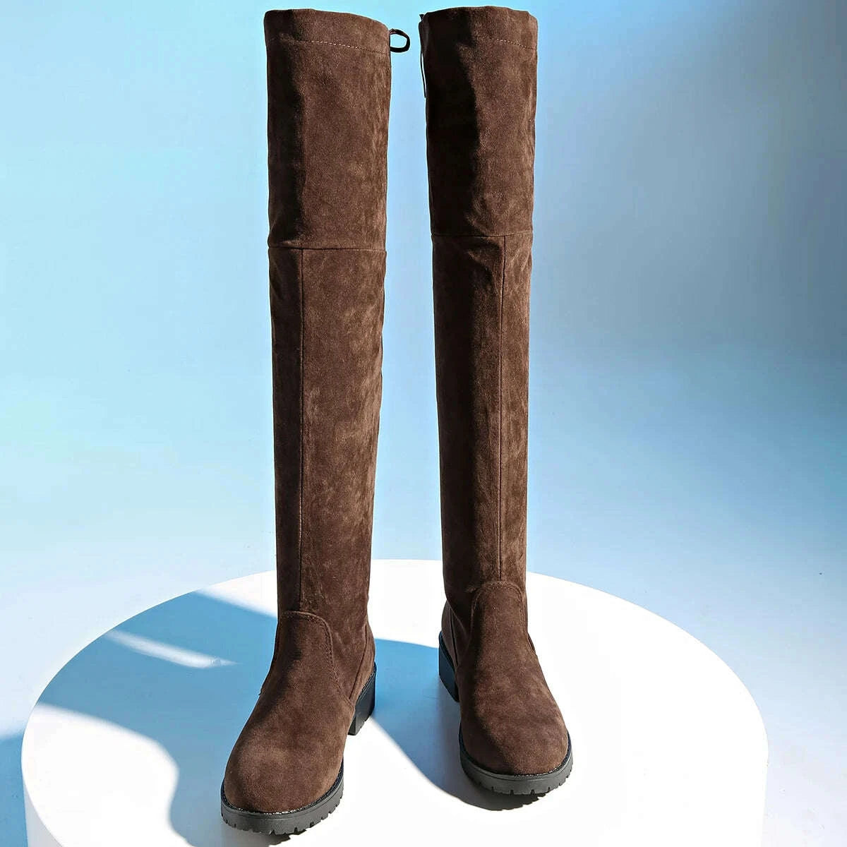 KIMLUD, 2024 New Women Boots Winter brown Over The Knee Boots Comfort Lace Up Chunky High Heels Shoes Fashion Warm Suede Round Toe Boots, KIMLUD Womens Clothes