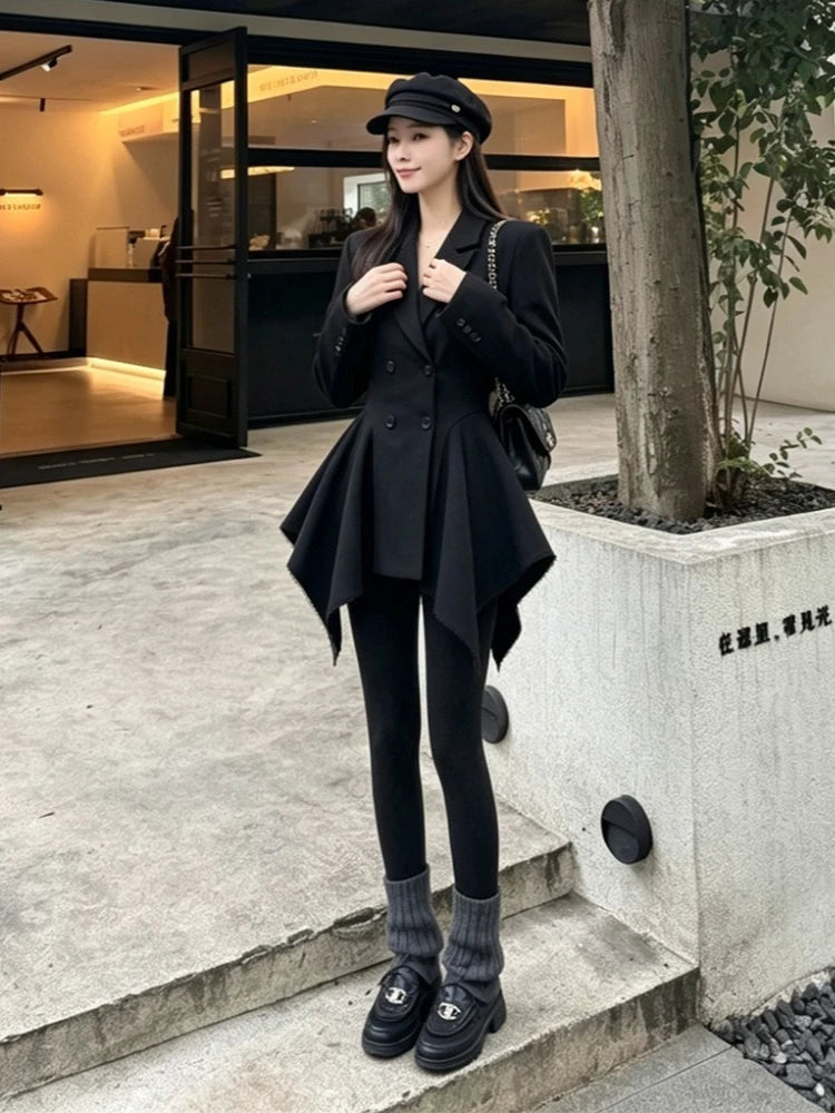 Blazer Jacket – Double Breasted Waist Cinch – Black | KIMLUD