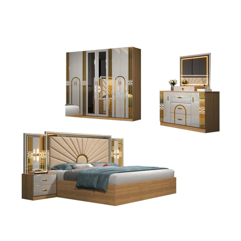 A Luxury Royal king Size Bedroom Sets Elegant Super Size Turkish Style Gold Mirrored LED Lighted Dubai Bedroom Furniture Set