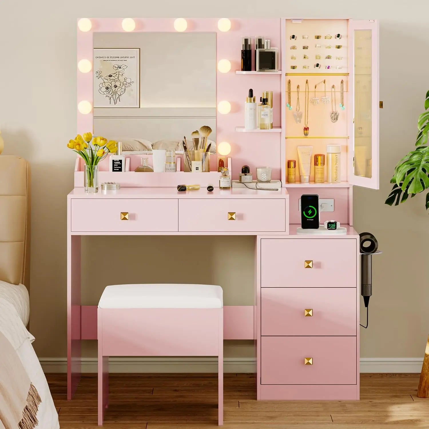Vanity Desk with Mirror and Lights, Makeup Vanity Table Set with 5 Storage Drawers, Power Outlet & Chair, Small Dressing Table