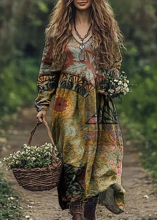 Boho Vintage Print Long Dresses For Women 2025 Casual V Neck Full Sleeve Splice High Waist Loose Dress Autumn Fashion Vestidos