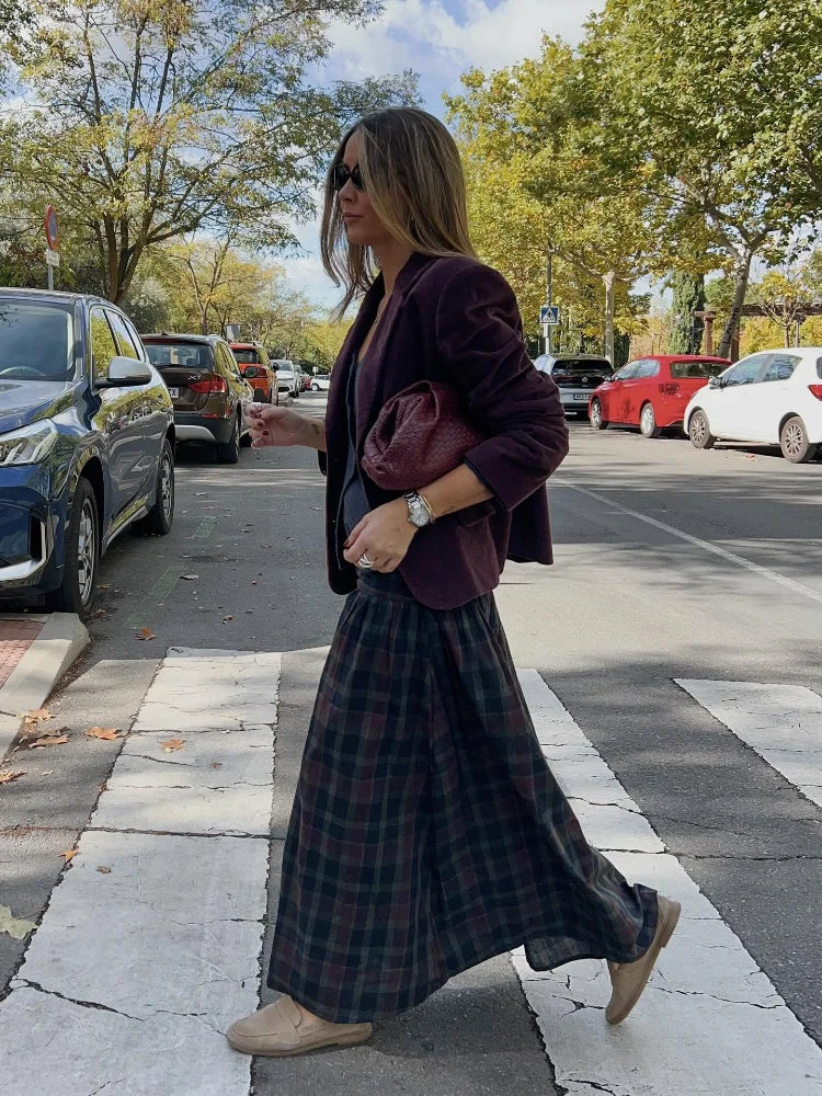 KIMLUD, Casual V-neck Checkered Lace Up Suit Women Fashion Long Lantern Sleeves Single-breasted Slim Set 2025 Lady Commute street Outfit, KIMLUD Womens Clothes