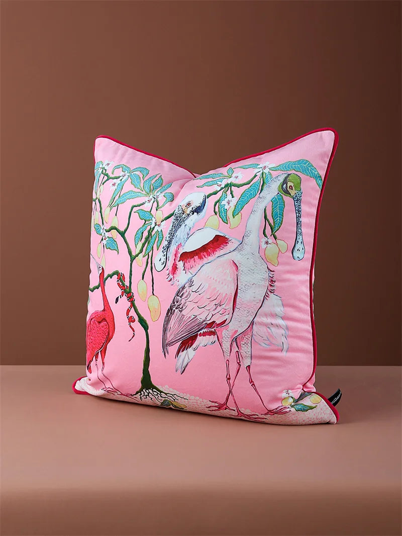 Pink Chinoiserie Pillow Covers 16x16 Inch Traditional Style Bird Dog Floral Vase Decorative Throw Pillow Case Velvet Double Side