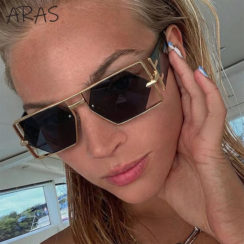 Steampunk Sunglasses Rectangle Hexagon Frame Hollow Alloy — Gold | KIMLUD