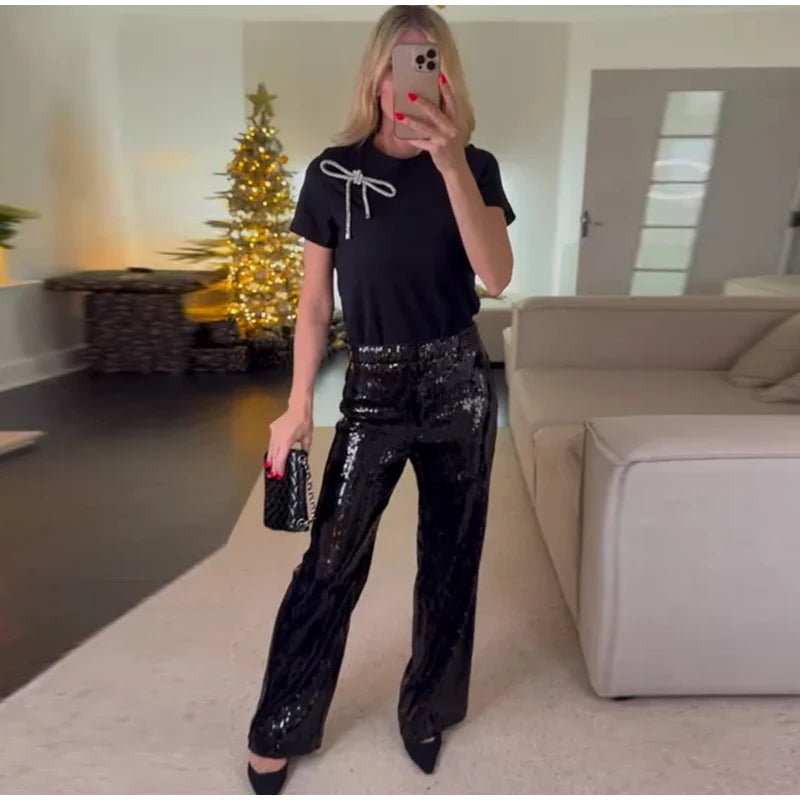 Street Sequin Pants Women Loose High Waist Wide Legs Shiny Trousers Female 2025 Spring Fashion Straight Chic Streetwears Lady