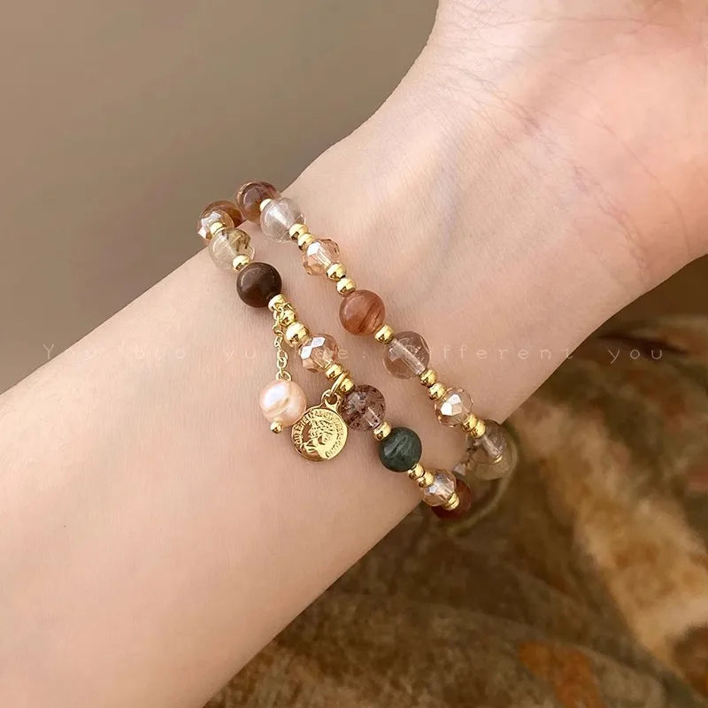 Gold-Tone Bracelet Double-Layer Crystal Pearl Beaded Wrap — Gold | KIMLUD