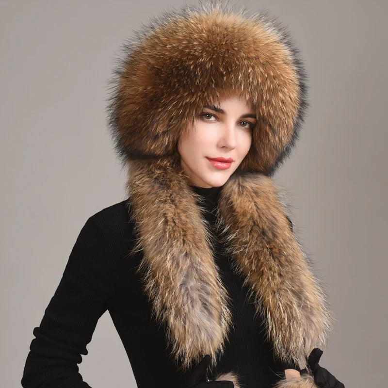 Real Fox Fur Hat With Rabbit Fur Top — Black | KIMLUD