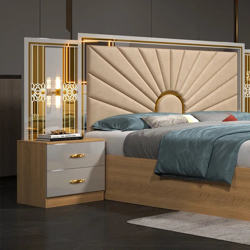 A Luxury Royal king Size Bedroom Sets Elegant Super Size Turkish Style Gold Mirrored LED Lighted Dubai Bedroom Furniture Set