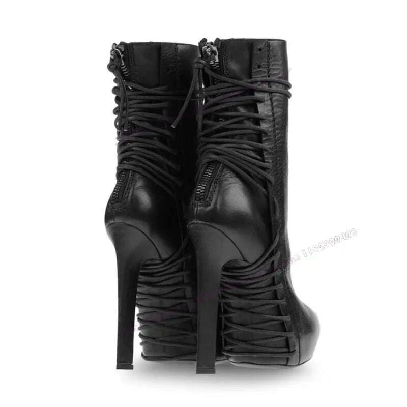 KIMLUD, Black Matte Leather Cross Tied Ankle Boots Po inted Toe Shoes for Women Thin High Heels Sexy Lady Shoes 2025 Zapatos Para Mujere, KIMLUD Womens Clothes