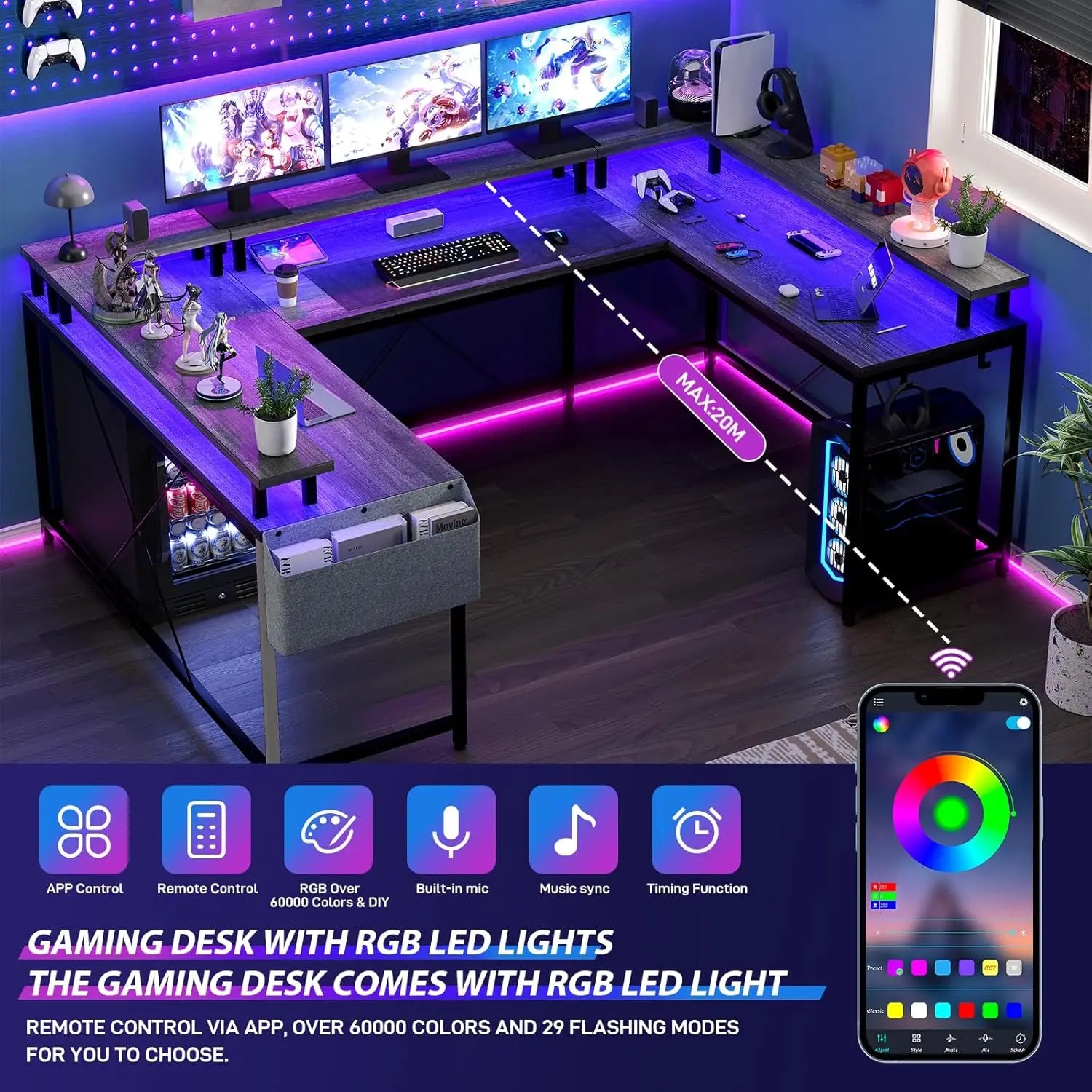 U-Shaped Gaming Desk With Monitor Stand, Shelves, 2 Outlets — Dark Wood | KIMLUD