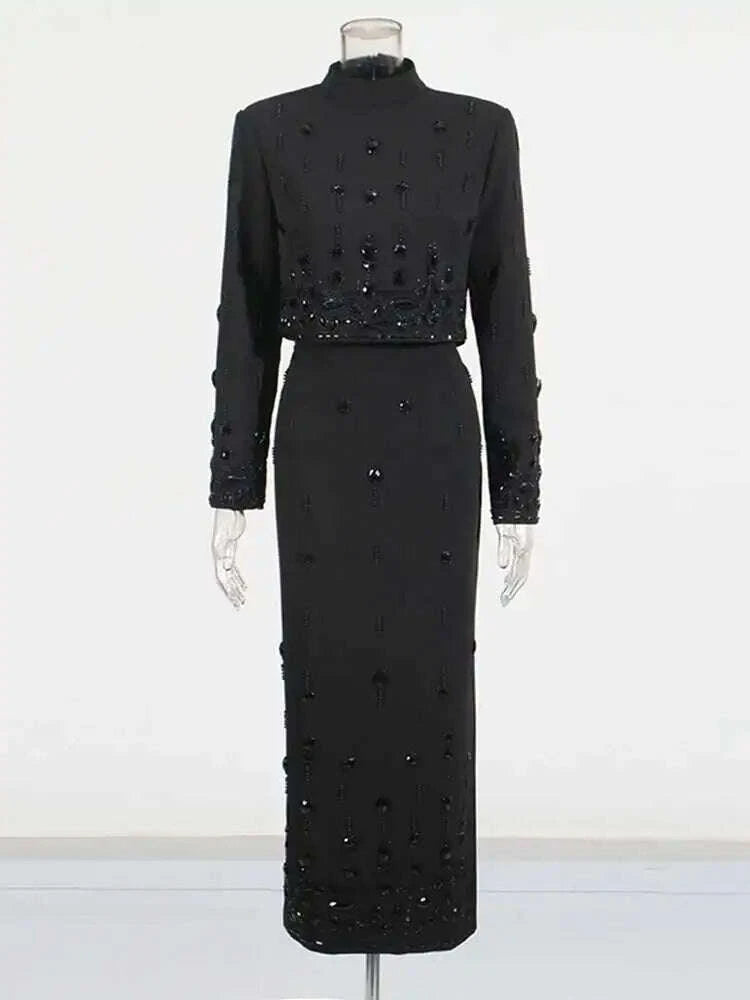 KIMLUD, TWOTWINSTYLE Solid Spliced Diamonds Two Piece Set For Women Stand Collar Long Sleeve Tops High Waist A Line Skirt Set Female New, KIMLUD Womens Clothes