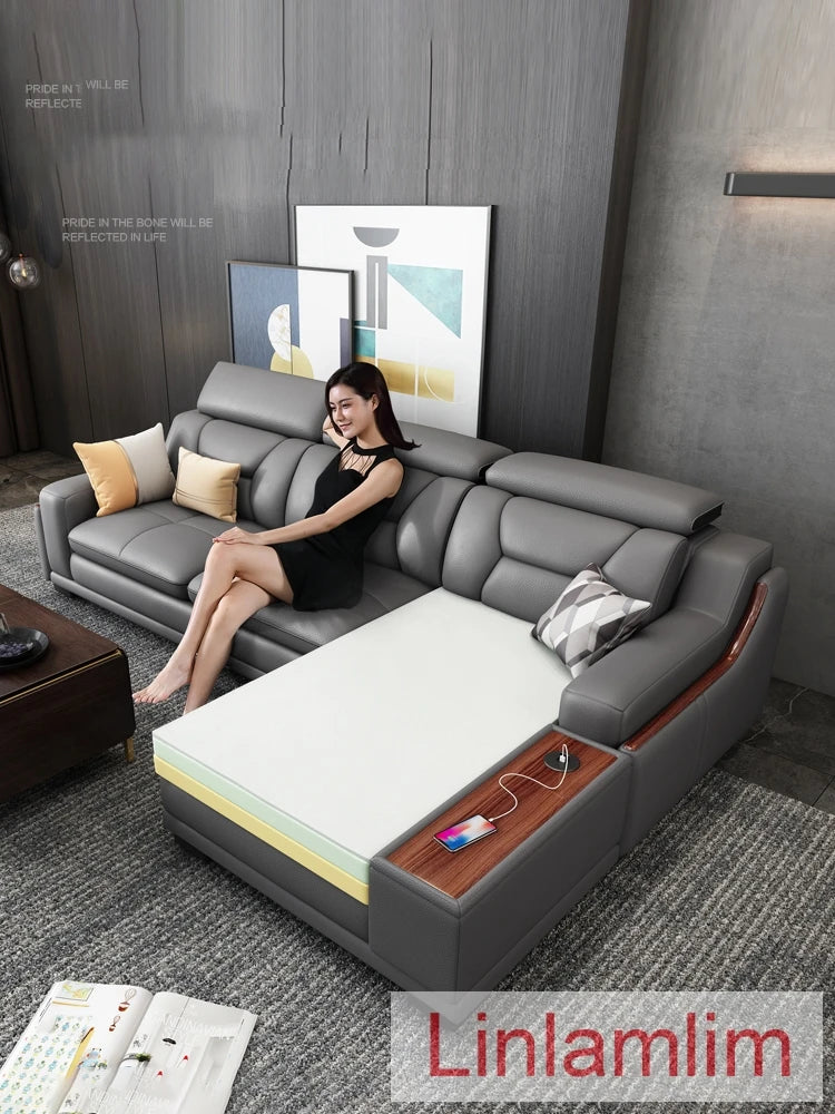 Italian Genuine Leather Sofa Featuring Bluetooth Speaker — Slate Gray | KIMLUD