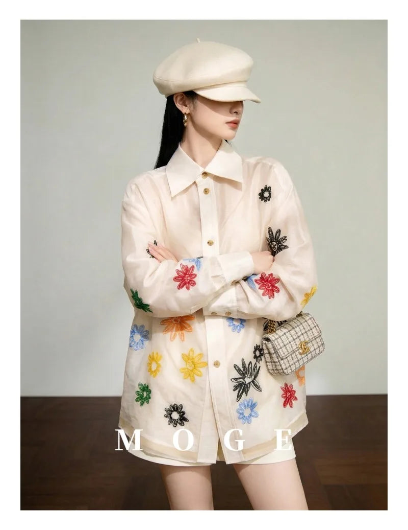 Blouse - Embroidered Floral - Loose | KIMLUD