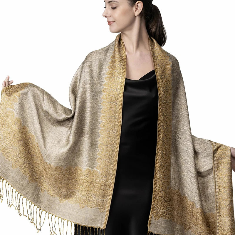 Cashmere Pashmina Shawl With Autumn Print Design, Olive Accents And Gold-Toned Fringe — Red | KIMLUD
