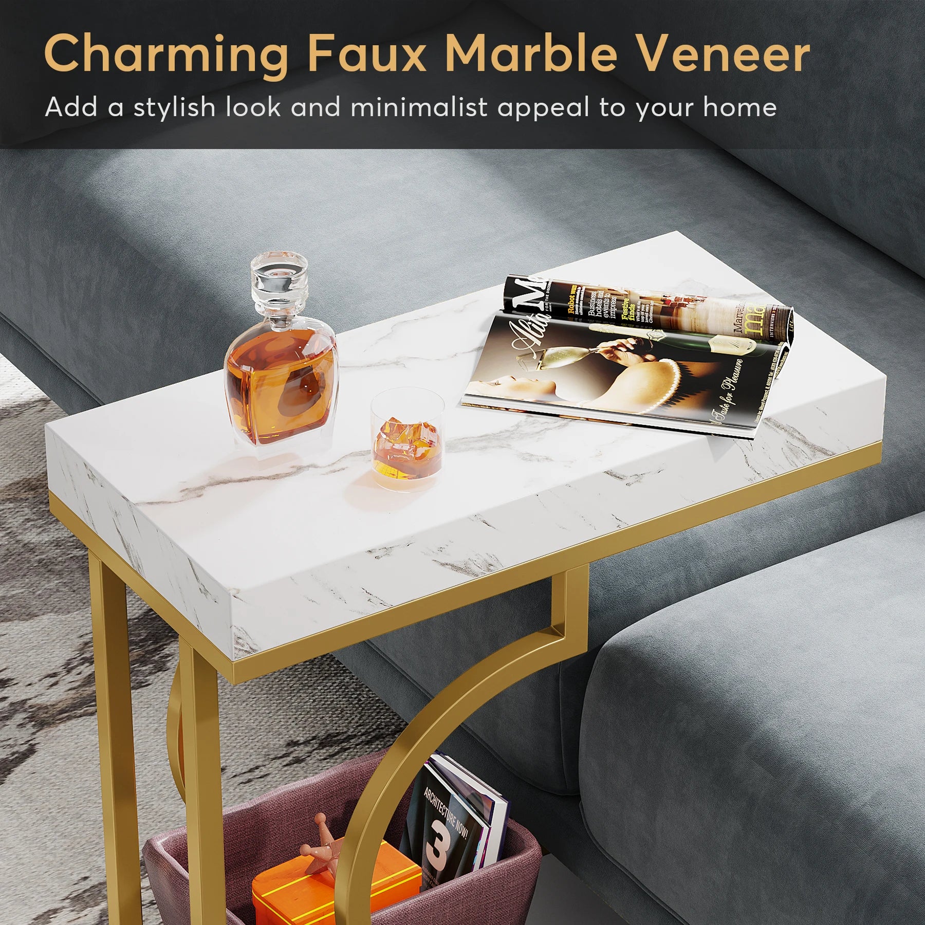 Tribesigns Narrow Side Table White Gold Side Table C Shaped End Table Modern Bedside Table Small Side Table for Couch