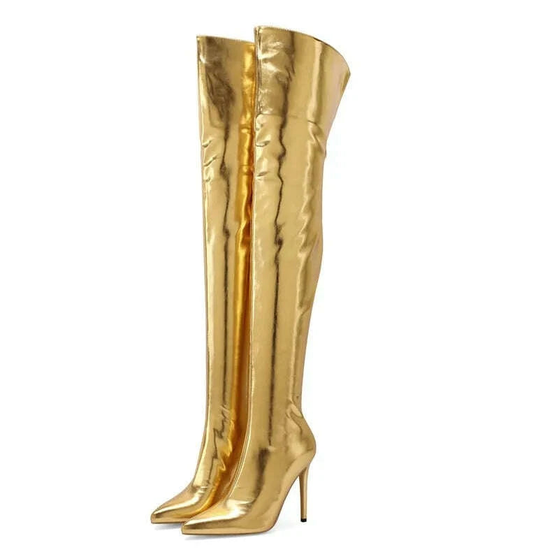 KIMLUD, Sexy Silver Gold Rear Zipper Over Knee Boots Women's Pointed High Heels European and American Fashion Long Boots Big Size 34-43, KIMLUD Womens Clothes