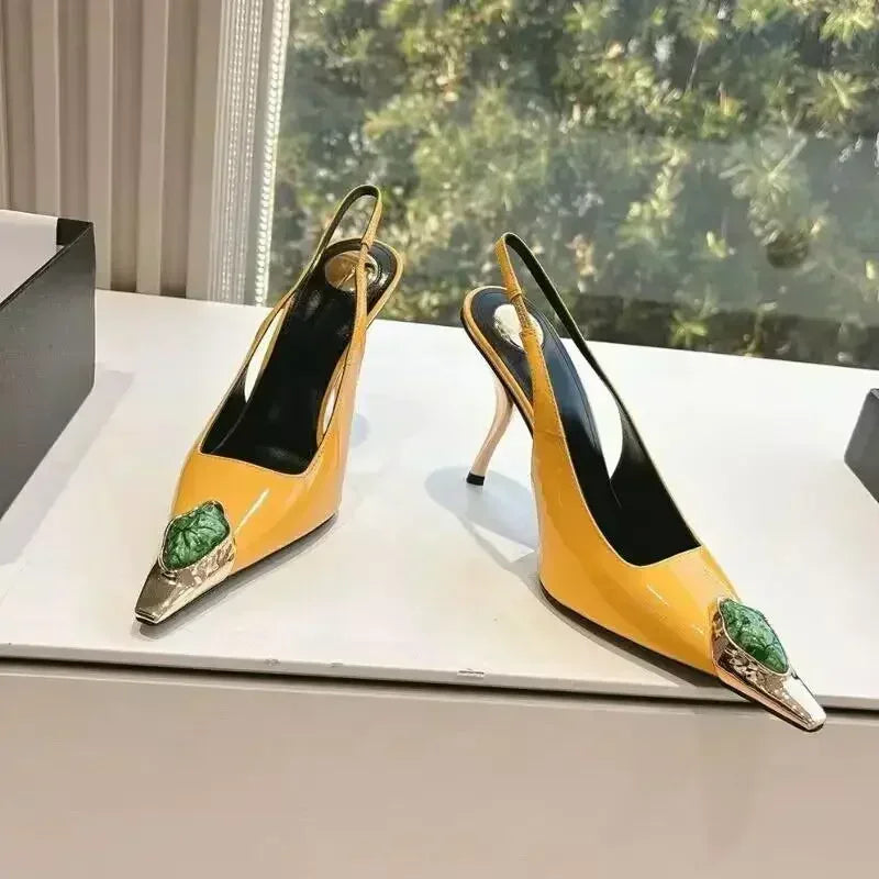 Metal Jewel Decoration Heels Pointed Toe Patent Leather — Black | KIMLUD