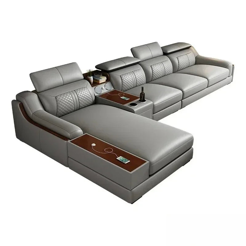 Genuine Italian Leather Sofa L-Shaped With Cup Holders USB Bluetooth — Light Gray | KIMLUD