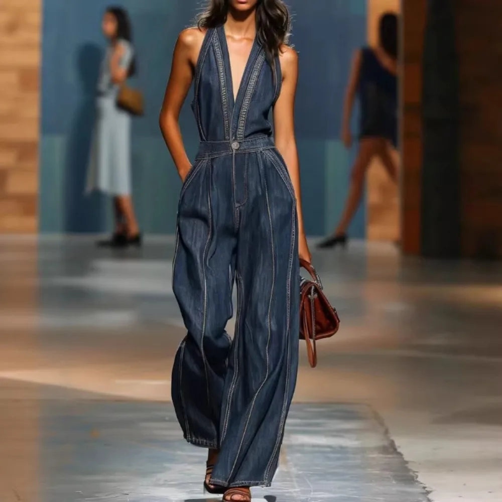 Faux Denim Jumpsuits & Rompers Halter Neck Sleeveless Wide-Leg — Blue | KIMLUD