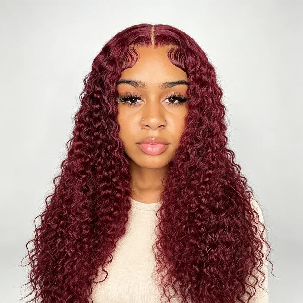 Deep Wave Human Hair Wig HD Lace Frontal 13x4 Burgundy 99J | KIMLUD