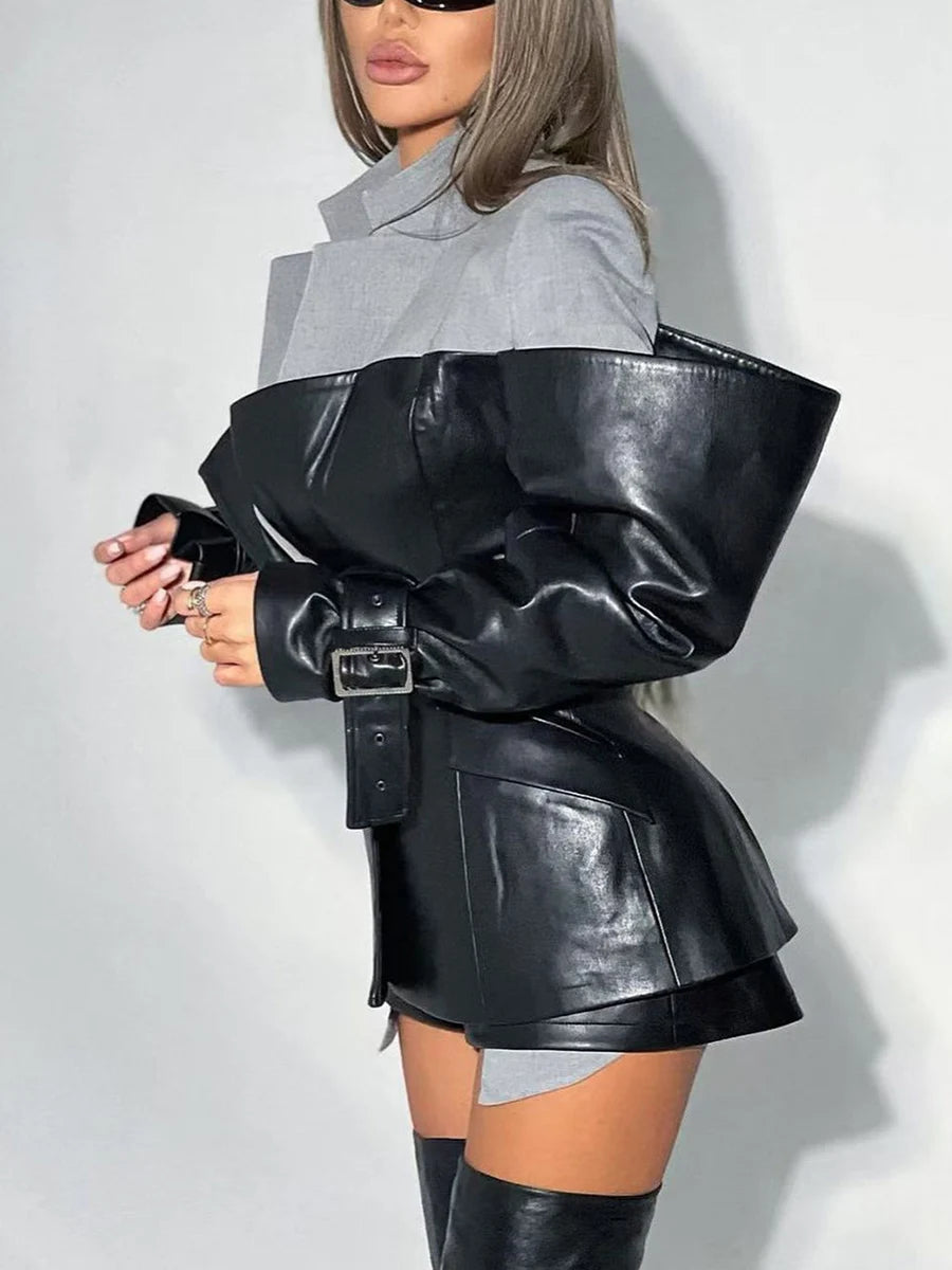 Leather Patchwork Jacket — Lapel Long Sleeve Black | KIMLUD
