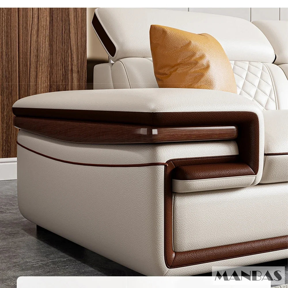 Genuine Italian Leather Sofa Set With Adjustable Headrests — Ivory | KIMLUD