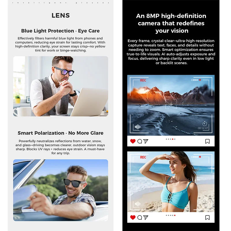 AI Smart Glasses Built-in Camera Photography Video Recording Voice Translation 250mAh Waterproof Music Bluetooth Smart Glasses
