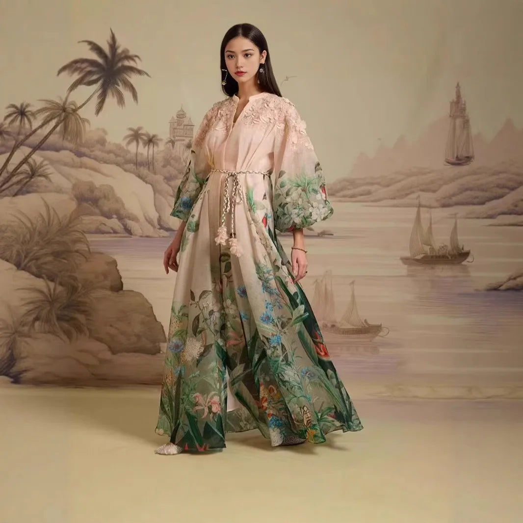 Ele Floral Print Maxi Dr with Single Button Closure And Flower Belt Vaion Wear Polyester Fiber Lantern Sve