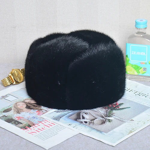 Mink Fur Winter Hat — Top-Hat Crown Silhouette — Deep Black | KIMLUD