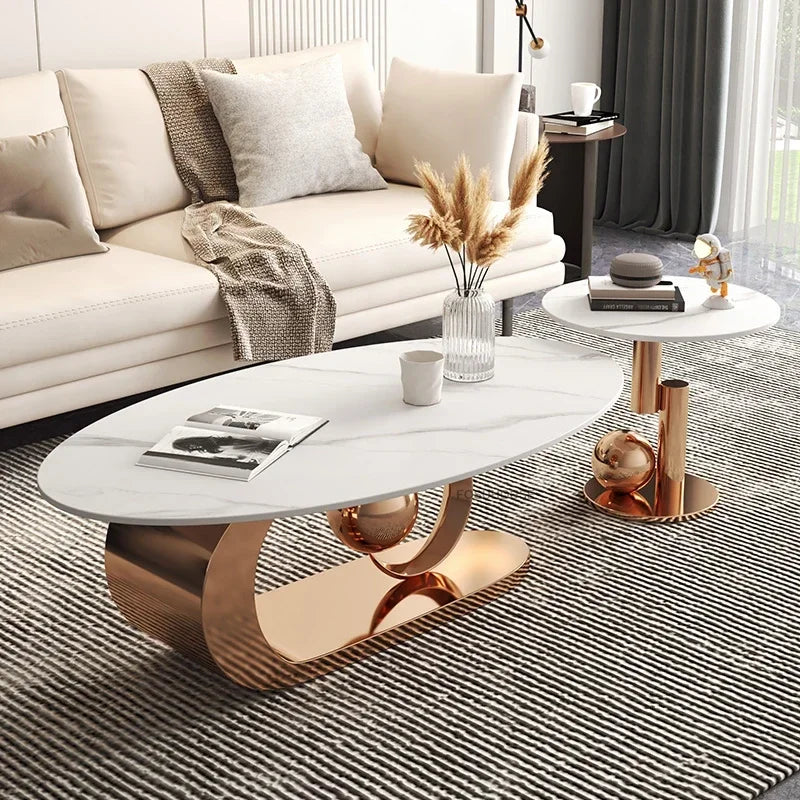 Wrought Iron Oval Coffee Table Marble-Top Italian Rock Plate European Design — Ivory | KIMLUD